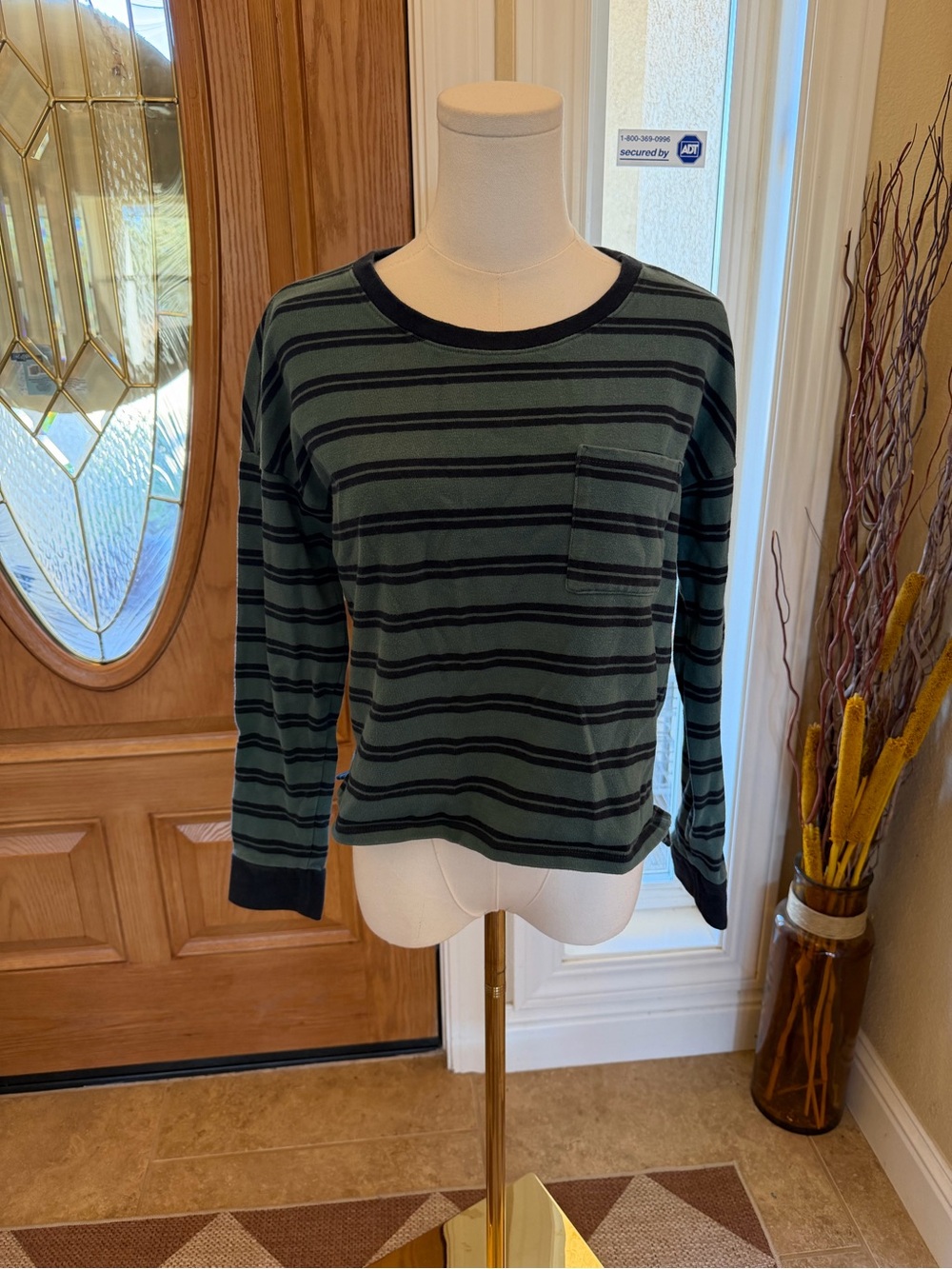 Abercrombie & Fitch XS Green Black Striped Long Sleeve Pocket Tee 100% Cotton